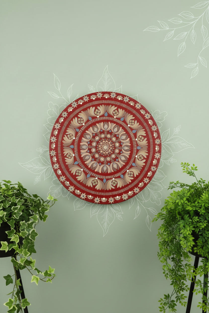 Decorative round mandala with intricate floral patterns held by a hand on a white surface.