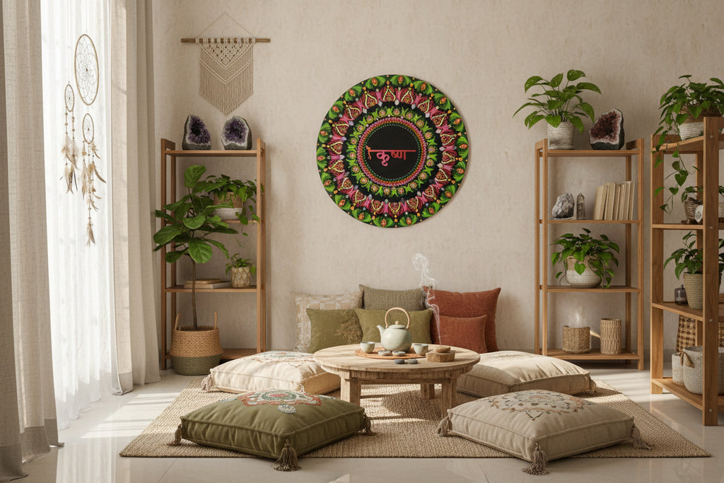 Decorative plate with colorful mandala design and pink text on a white curtain background