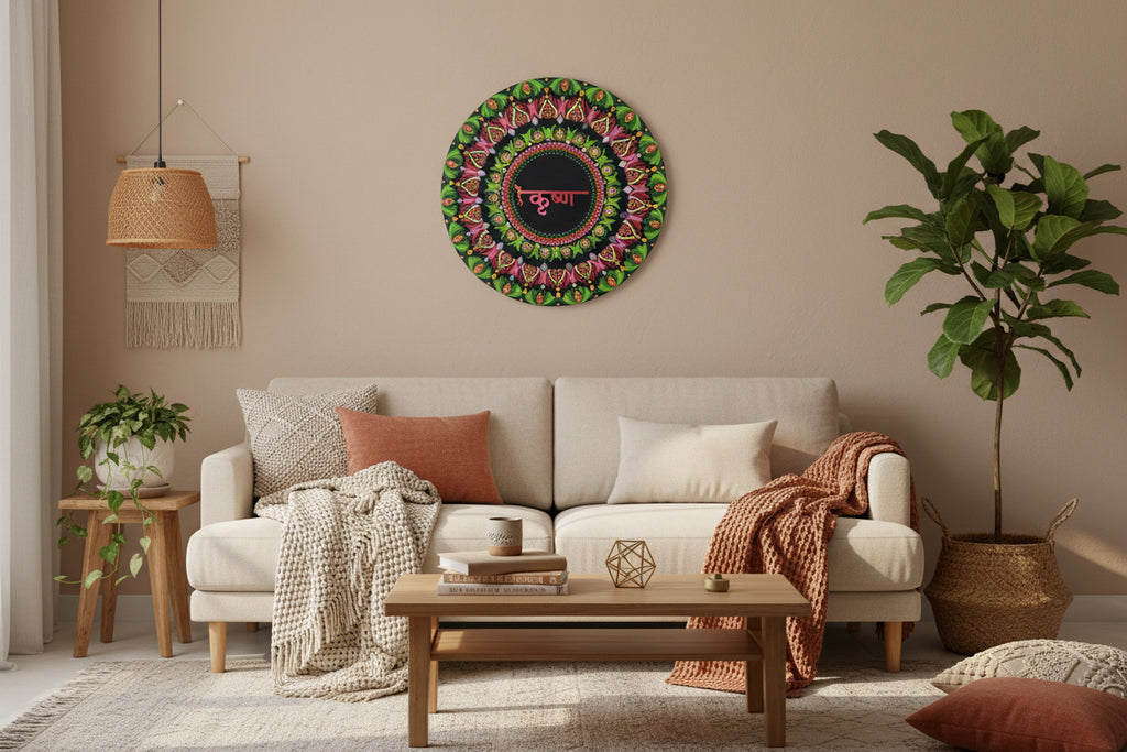 Decorative plate with colorful mandala design and pink text on a white curtain background