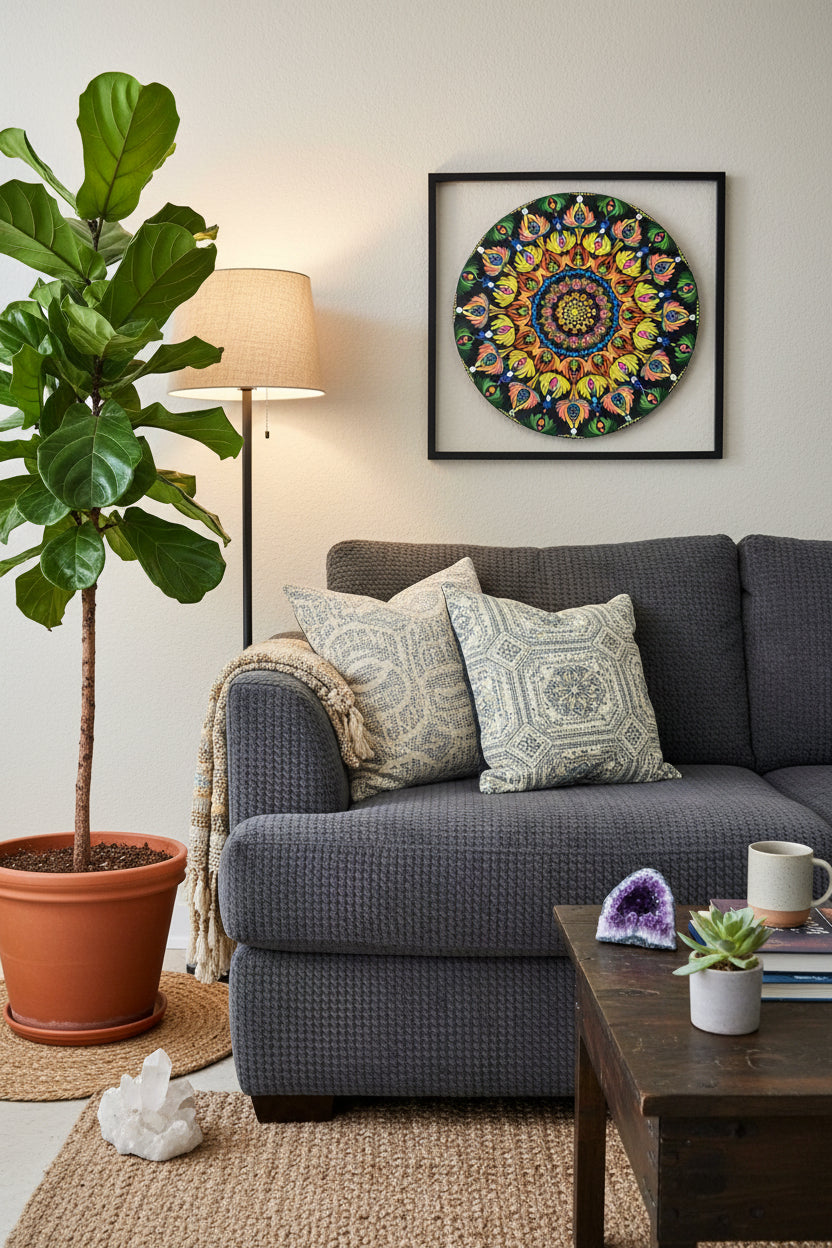 Colorful mandala design on a round pillow against a textured blue background